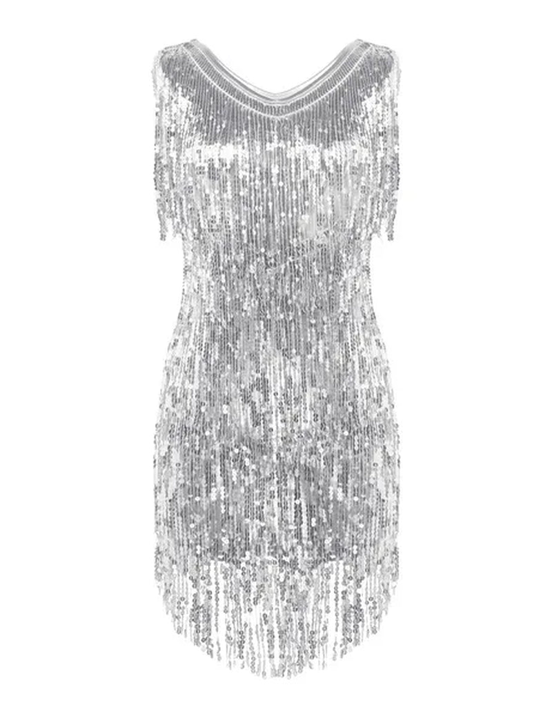 Women's Gowns V Neck Sparkling Sequin Tassels Rhythm Ballroom Salsa Samba Rumba Tango Latin Dance Dress