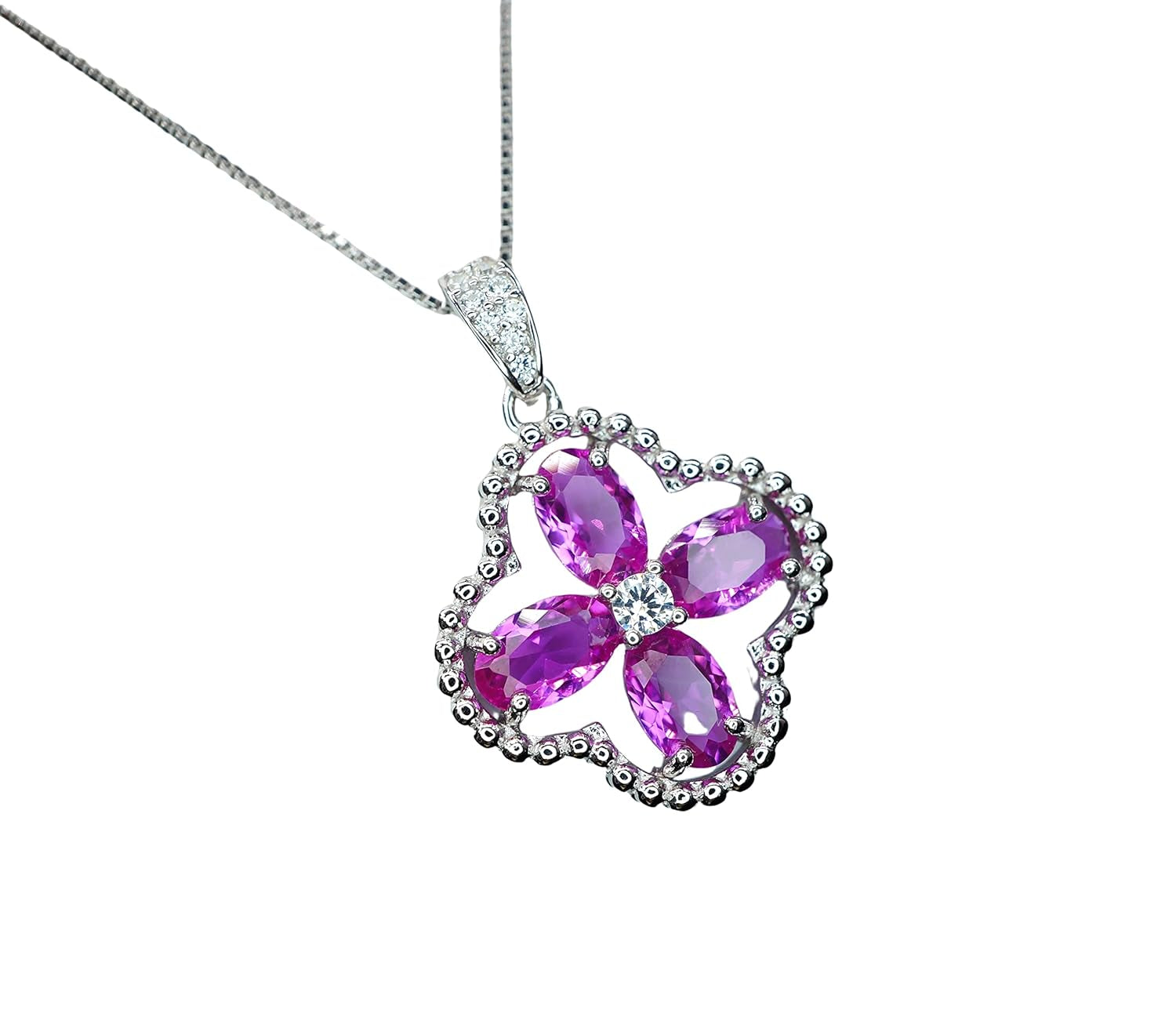 Pink Sapphire Jewelry Fuchsia Four Leaf Clover Pendant Green Peridot Necklace 18Kgp @ 925 Sterling Silver Adjustable Chain Ruby Aquamarine Amethyst Emerald Blue Sapphire Sunstone (Pink Sapphire)