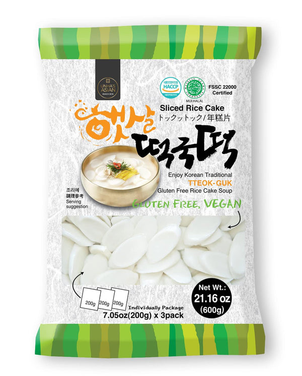 Korean Rice Cakes – Sliced Thin Shaped, Chewy Sticky, Tteokbokki, Traditional Rice Cake Soup, Tteokguk, Vegan, Gluten Free and Non-Gmo 21.16 Oz (7.05 Oz X 3 Individual Bags) - 1 PACK