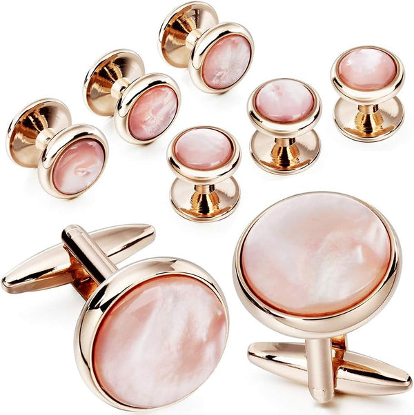 Cufflinks and Tuxedo Studs Set for Men with Gift Box, Rose Gold Tone Mother-Of-Pearl Cuff Links for French Cuff Shirt and Dress Shirt, Suitable for Wedding, Birthday, Party, Anniversary
