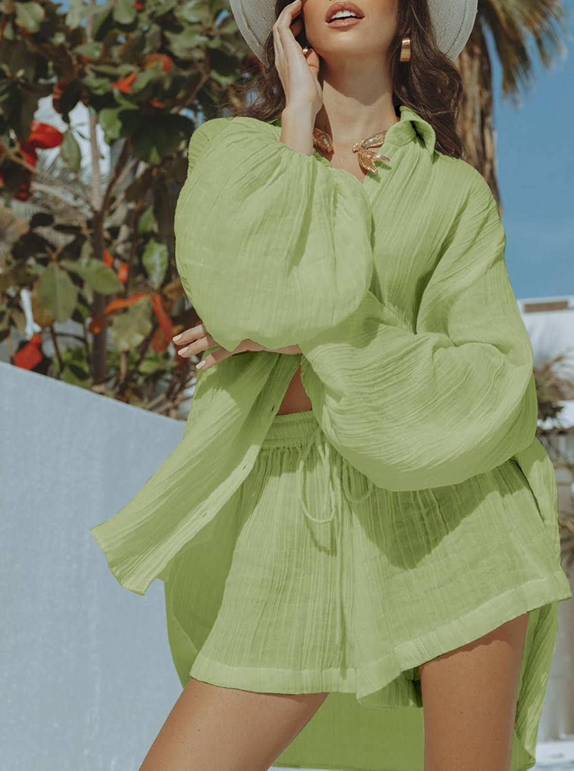 Women 2 Piece Outfits Summer Shorts Sets Lantern Sleeve Button down Shirt and Shorts Sweatsuit