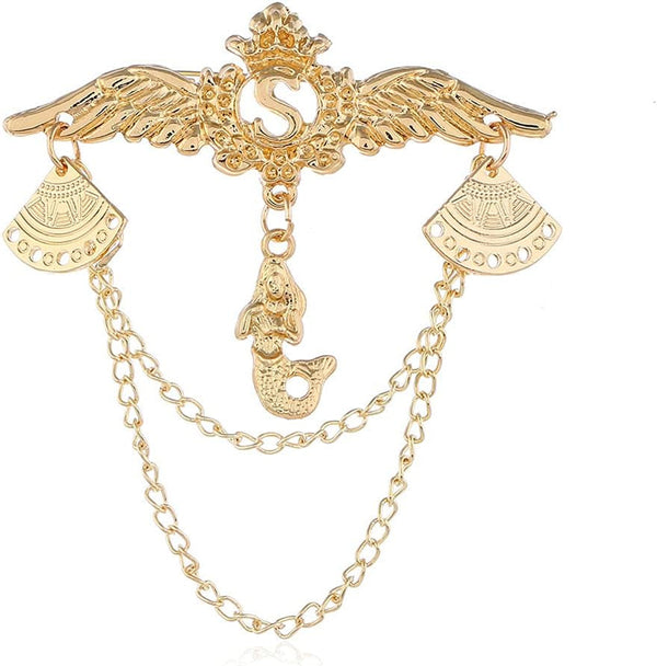 1 Pack Gold Diamond Inset Angel Wings Tassel Chain Pin Vintage Crown Diamond Chain Pin Mermaid Suit Accessories Tassel Pin Accessories Men and Women DIY Suit Coat Dress Shirt