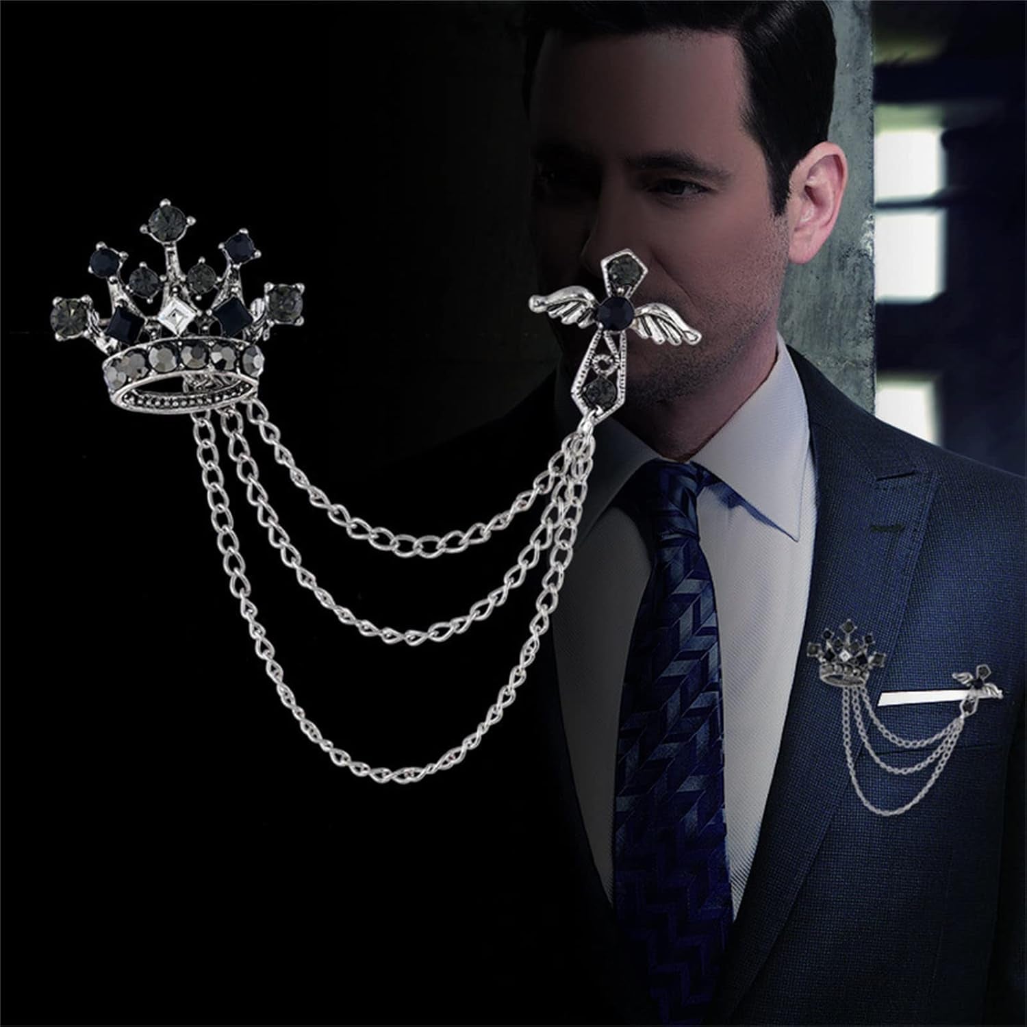Cross Crown Long Chain Brooch for Men'S Rhinestone Tassel Brooch Pin Coat Tassel Chain Lapel Pins Suit Accessories