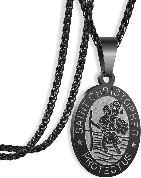 Oval Saint Christopher/Michael/Joseph/Virgin Mary/Florian/Jude Pendant Medal Necklace, Catholic Stainless Steel Wheat Chain 24 Inches