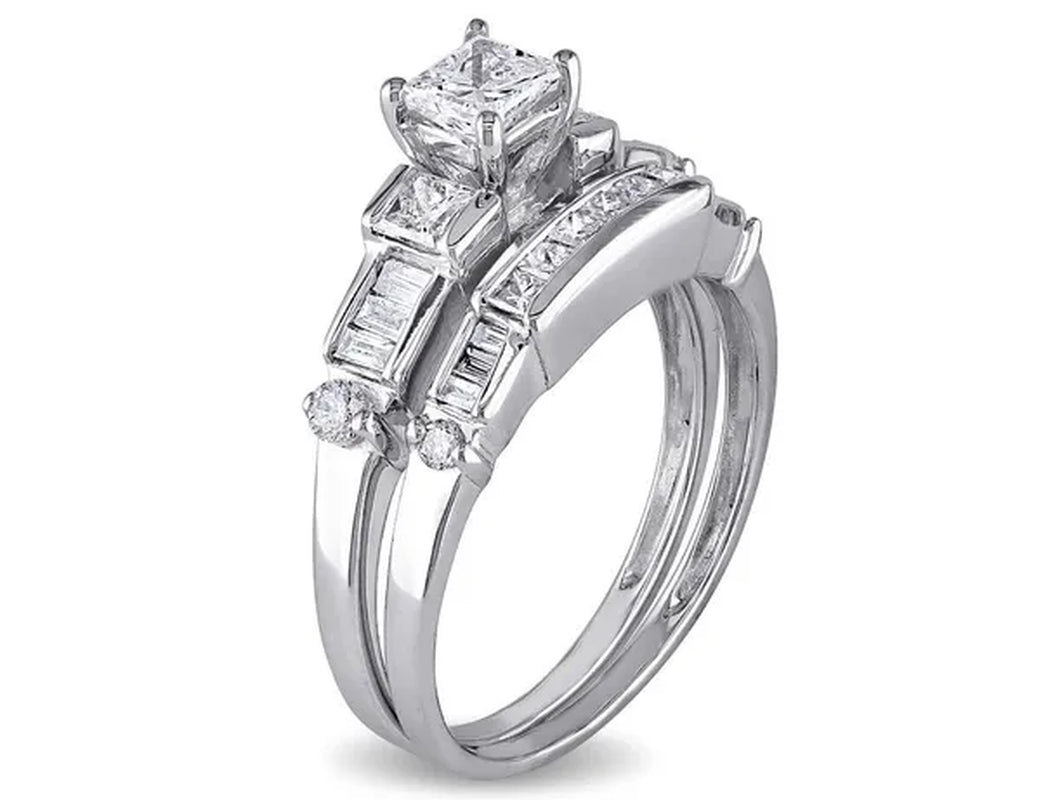 Princess Cut 1.0 Carat (ctw Color G-H Clarity I2_I3) Diamond Engagement Ring & Wedding Band  14K White Gold