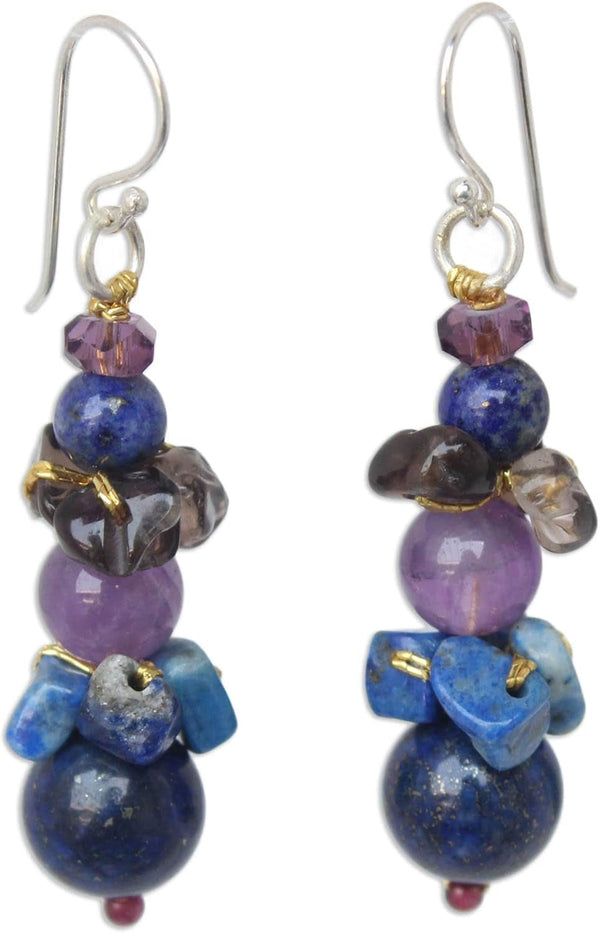 Artisan Handcrafted Lapis Lazuli Amethyst Beaded Earrings | Quartz Earrings Dangling | Multicolor Long Earrings | Natural Gemstone Earrings | Chalcedony Earrings for Women | Thailand