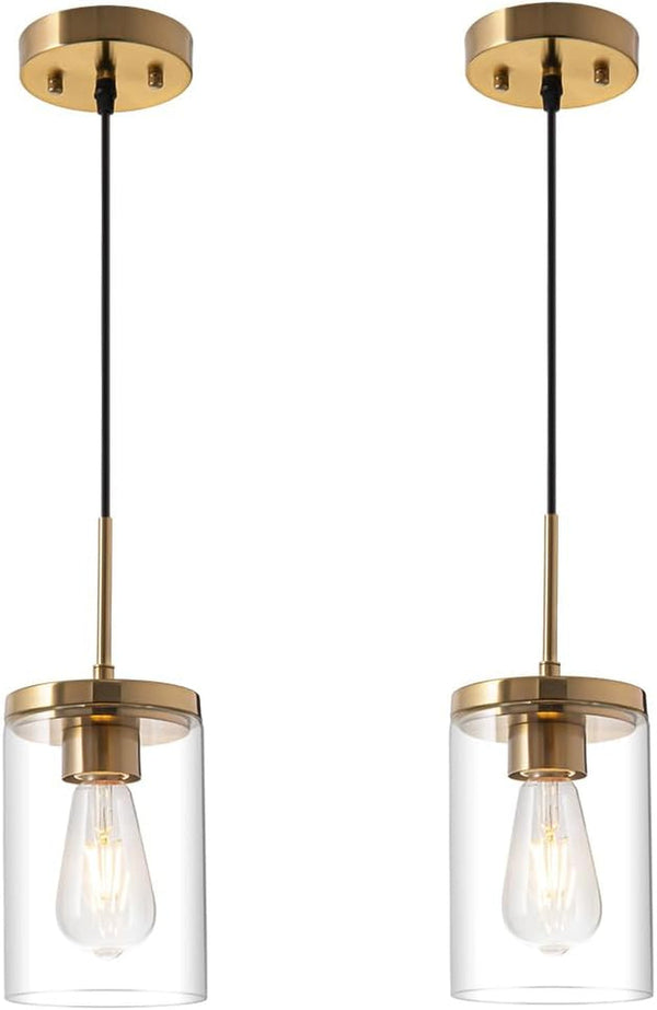 Gold Pendant Light Fixtures,5 Inch Globe Pendant Lights Kitchen Island with Clear Glass,Hanging Lights for Kitchen Island, Dining Room, Bedroom, Hallway, Farmhouse - 2 Pack