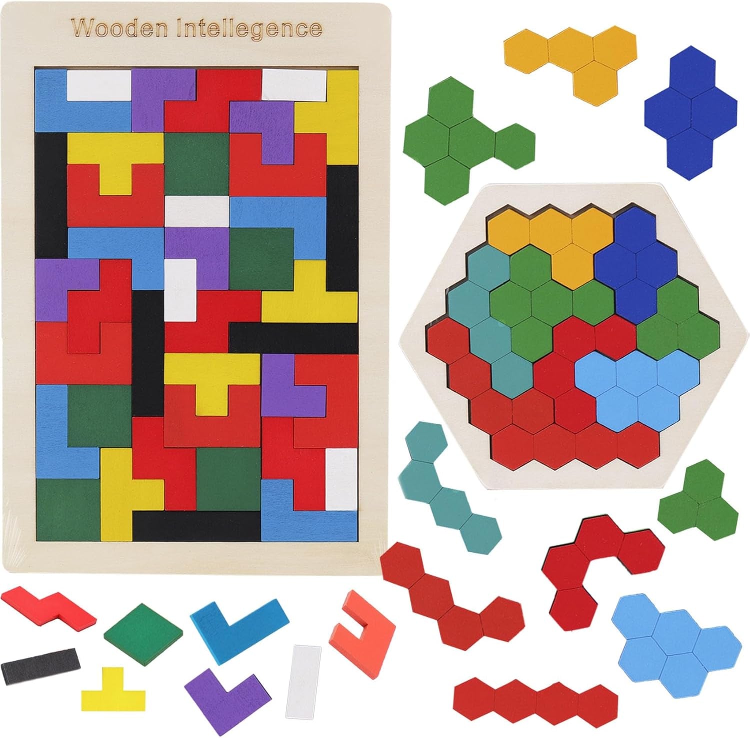 2 Pack Wooden Russian Blocks Puzzle&Hexagon Puzzles for Kids &Adults Wooden Blocks Puzzle Brain Teasers Intelligence Logic Toy Tangrams STEM Montessori Shapes Puzzles Gift for Children