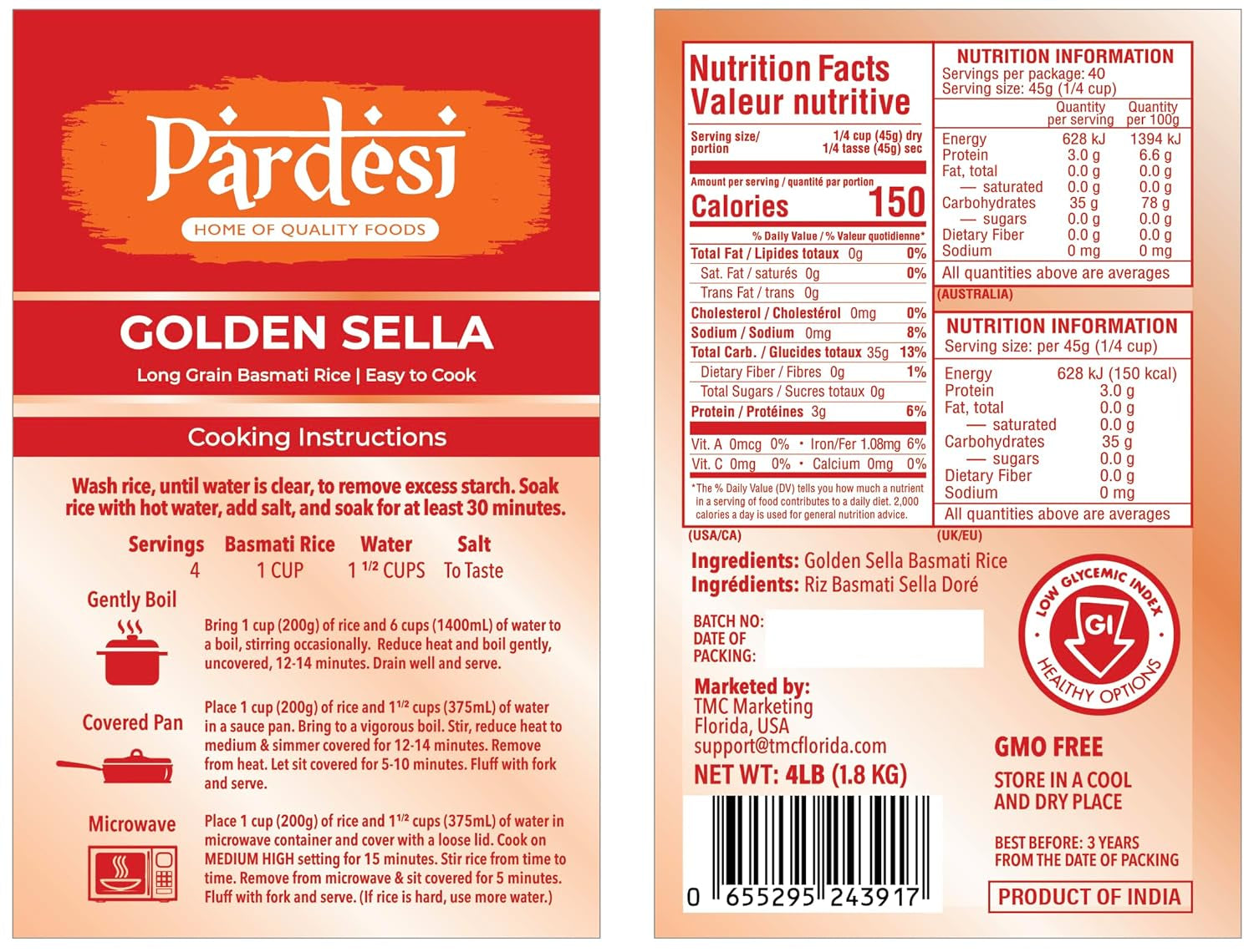 Basmati Golden Sella Parboiled Rice 4LB - Easy to Cook - Low Glycemic Index
