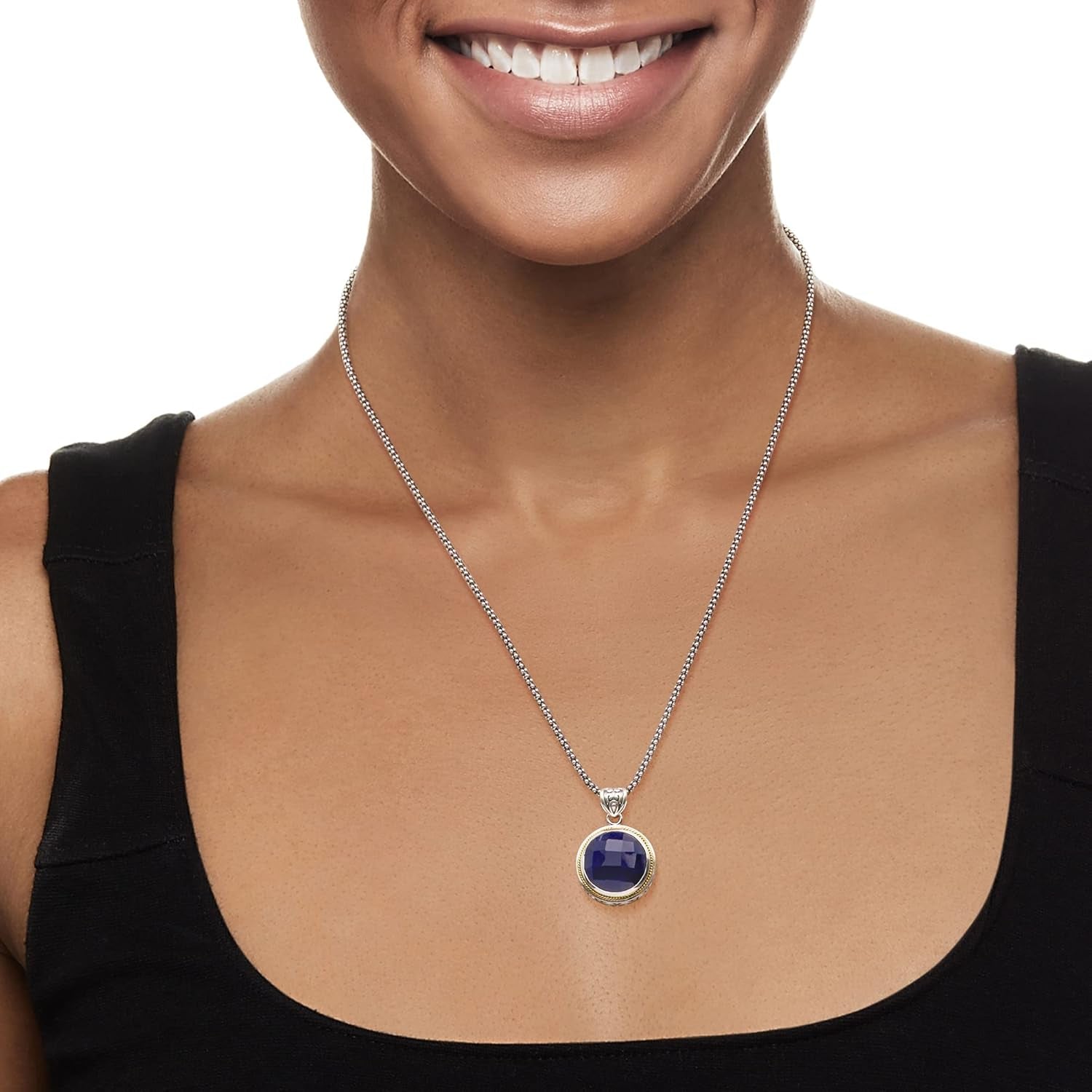 15.00 Carat Sapphire Pendant Necklace in Sterling Silver and 18Kt Yellow Gold. 18 Inches