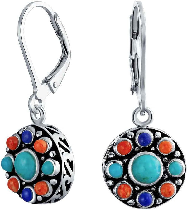 Western Jewelry Multicolor Gemstone Orange Purple Turquoise round Circle Oval Medallion Disc Dangle Earrings for Women Oxidized .925 Sterling Silver Lever Back