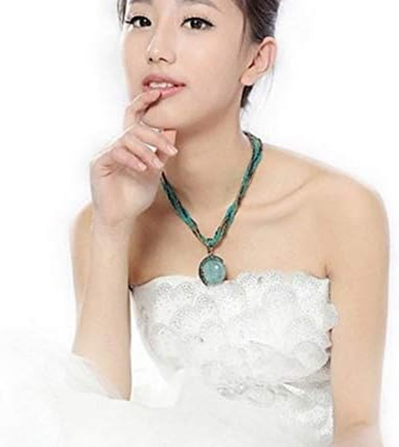 Women Lady Handmade Retro Vintage Bohemian Style Twist Woven Rope Chain Turquoise Rhinestone Pendant Collar Necklace Fashion Jewelry