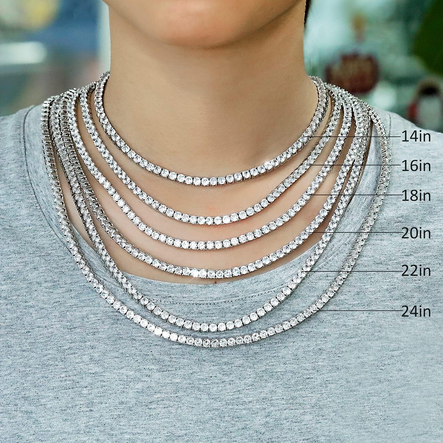 5.0-6.0Mm round Cubic Zirconia Cut Faux Diamond Tennis Chain for Women and Men 14-24 Inches