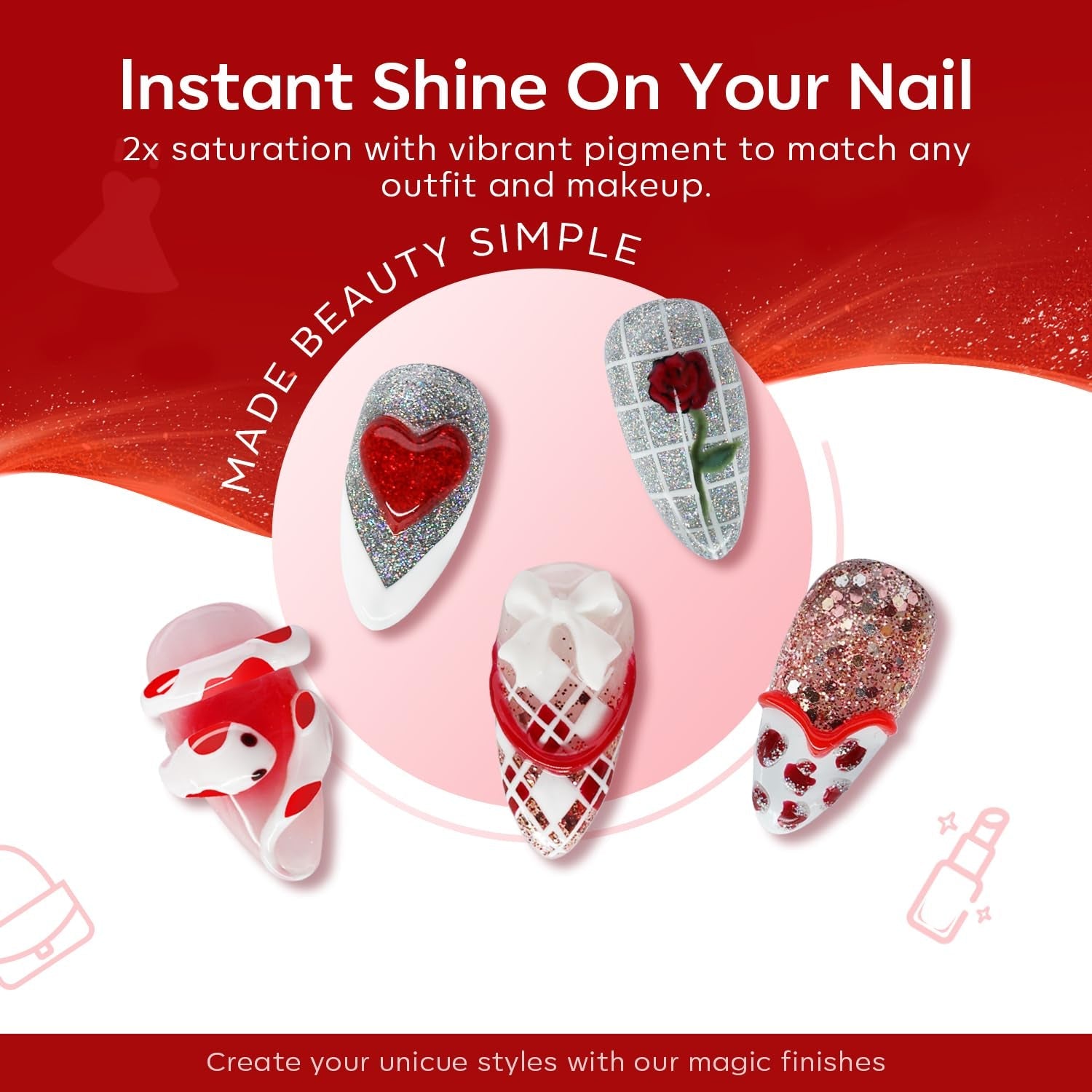 Red Gel Nail Polish Set 6 Colors, White Glitter Sparkle Bright Burgundy Dark Rose Champagne Silver Candy Cane Nail Gel Kit Soak off Nail Art Gel Manicure Salon DIY Gift Women