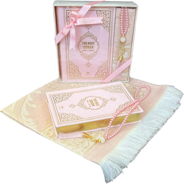 English Translate Thermo Leather Covered Quran, Tafta Prayer Mat and Beads Set |Quran Size:8X5.5X1.2 İnch/20X14X3Cm | Muslim Prayer Mat | Great Ramadan Gifts for Muslim Men,Women (Pink, 1 Sets)