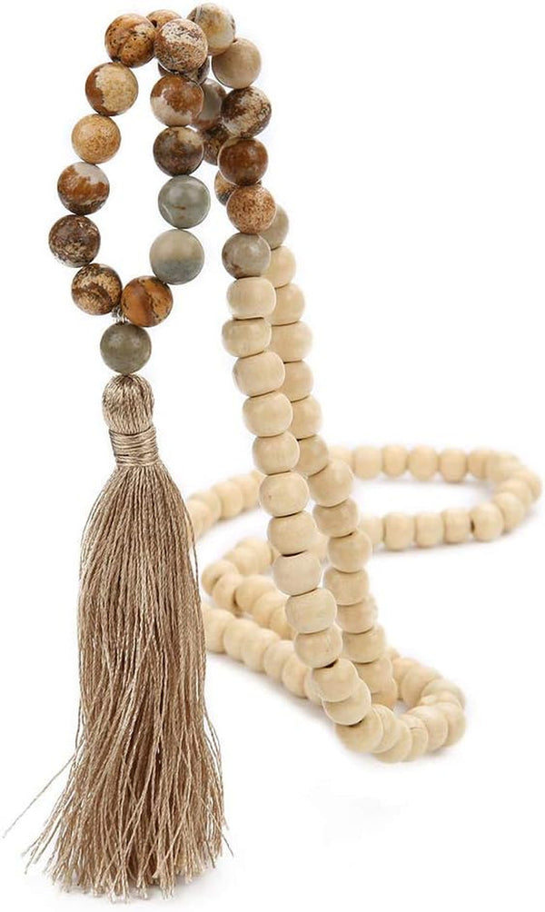 8MM Semi-Precious Gem Stones Wood Mala Bead Necklace Multicolor Tassel Charms Chain Necklace Handmade Beaded Pendant Necklace for Women Men