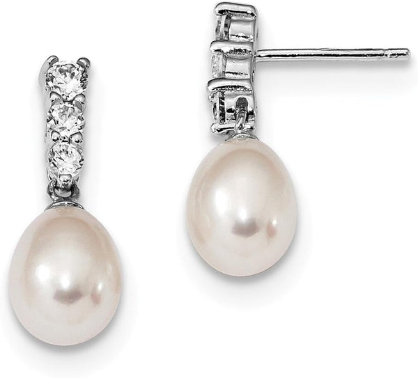 Solid 925 Sterling Silver RH 7-8Mm White FWC Simulated Pearl CZ Cubic Zirconia Post Earrings