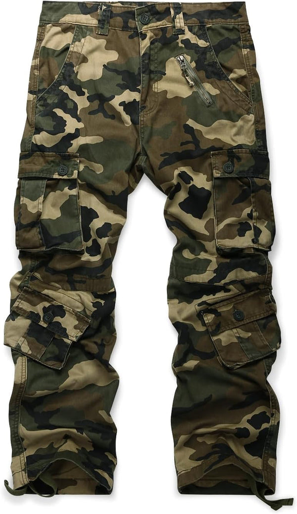 Men'S Cotton Casual Cargo Work Pants Baggy Camo Tactical Combat Trousers with 8 Pockets (No Belt)