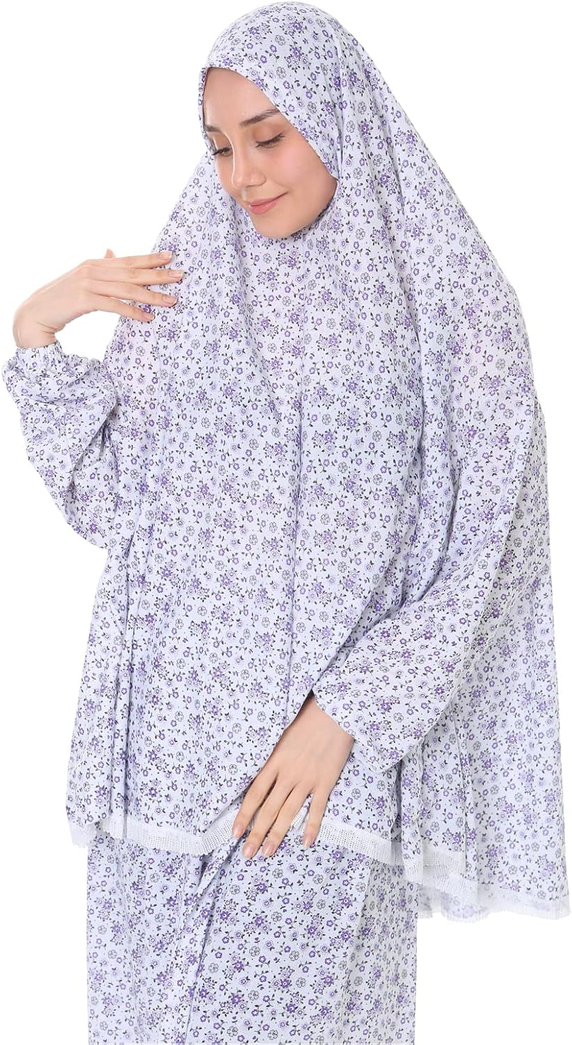 Islamic Dress for Women Prayer Clothes for Muslim Women 2 Piece Set Maxi Skirt with Hijab and Rosary Printed Dress