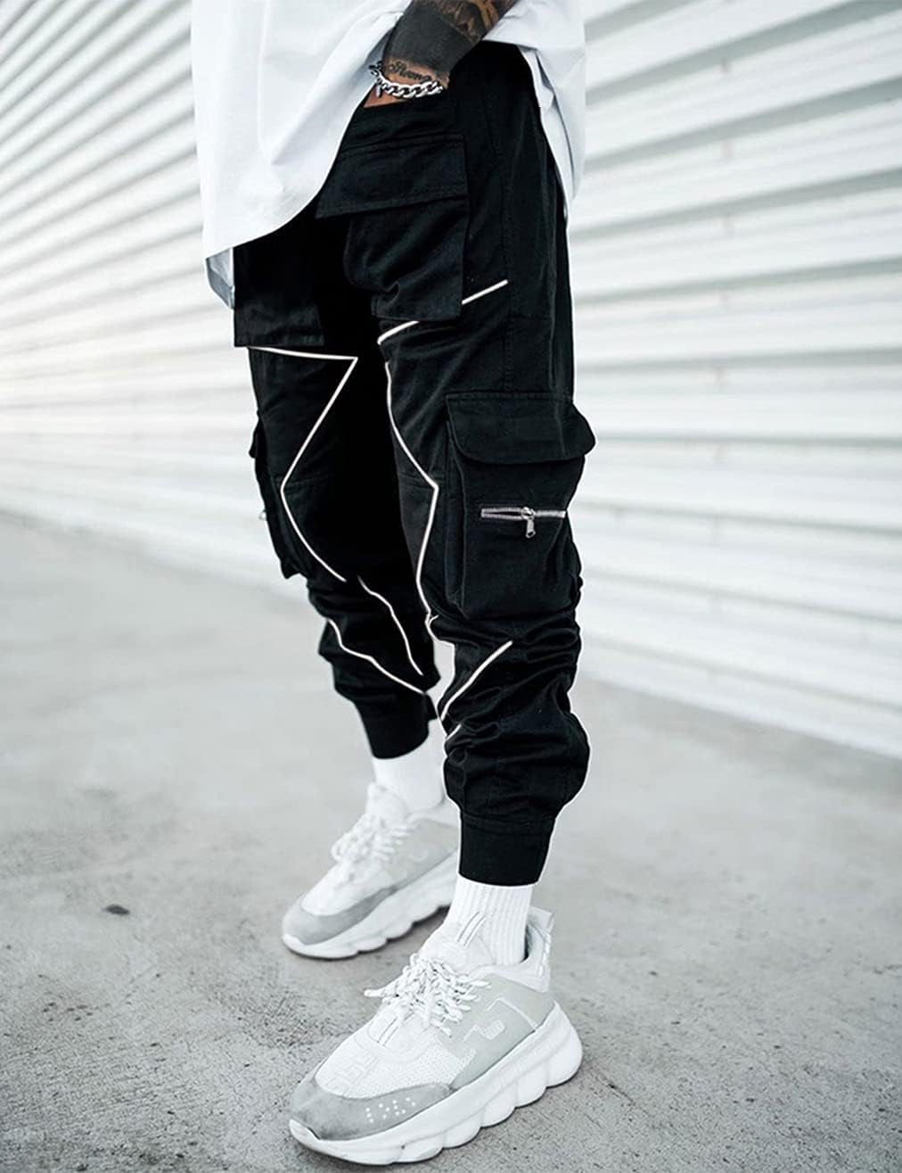 Mens Cargo Pants Hip Hop Techwear Harem Pant Jogger Sweatpants with Pockets Jogging Punk Black XL
