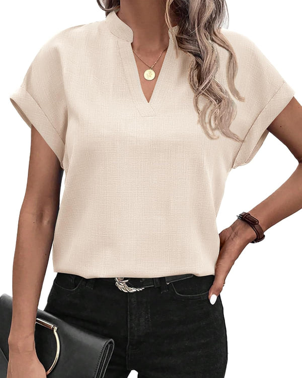 Womens Summer Tops 2025 V Neck Short Sleeve Tshirt Loose Flowy Tunics Solid Color Dressy Casual Blouse Shirts