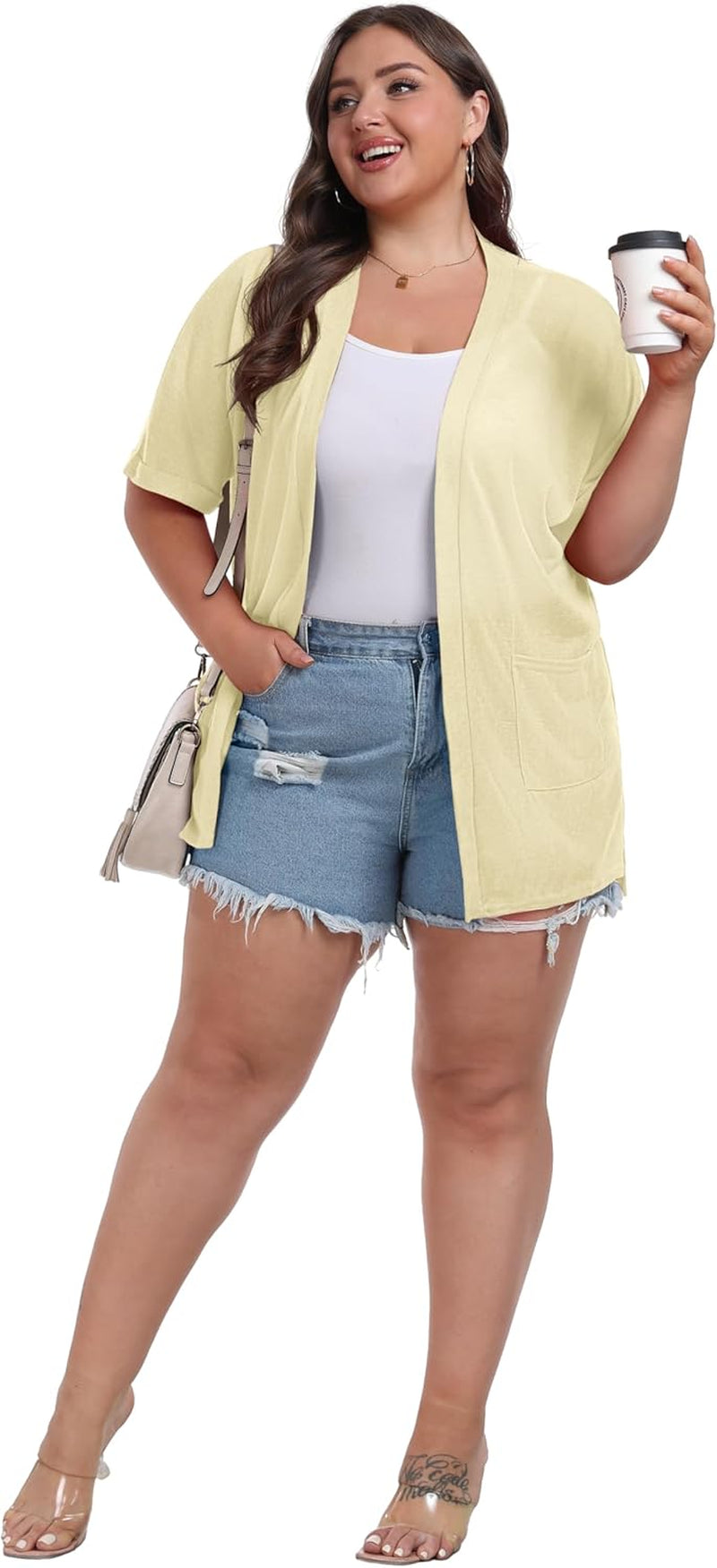 plus Size Lightweight Cardigan for Women Summer Sheer Short Sleeve Cardigan with Pockets Beach Cover Up