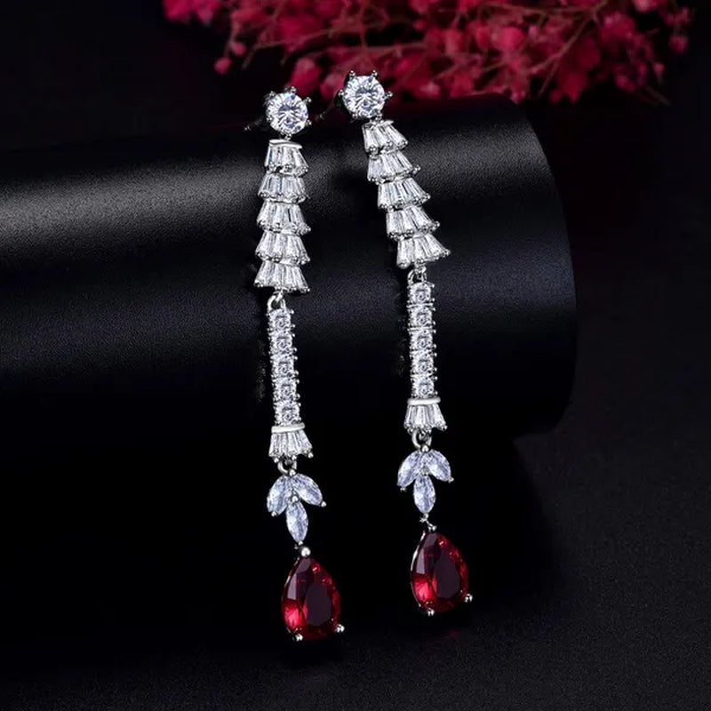 CANDICE Exclusive Design Bridal Jewelry Set with Red Teardrop Stones for Women Wedding CZ Long Tassel Choker Necklace Earrings Sets