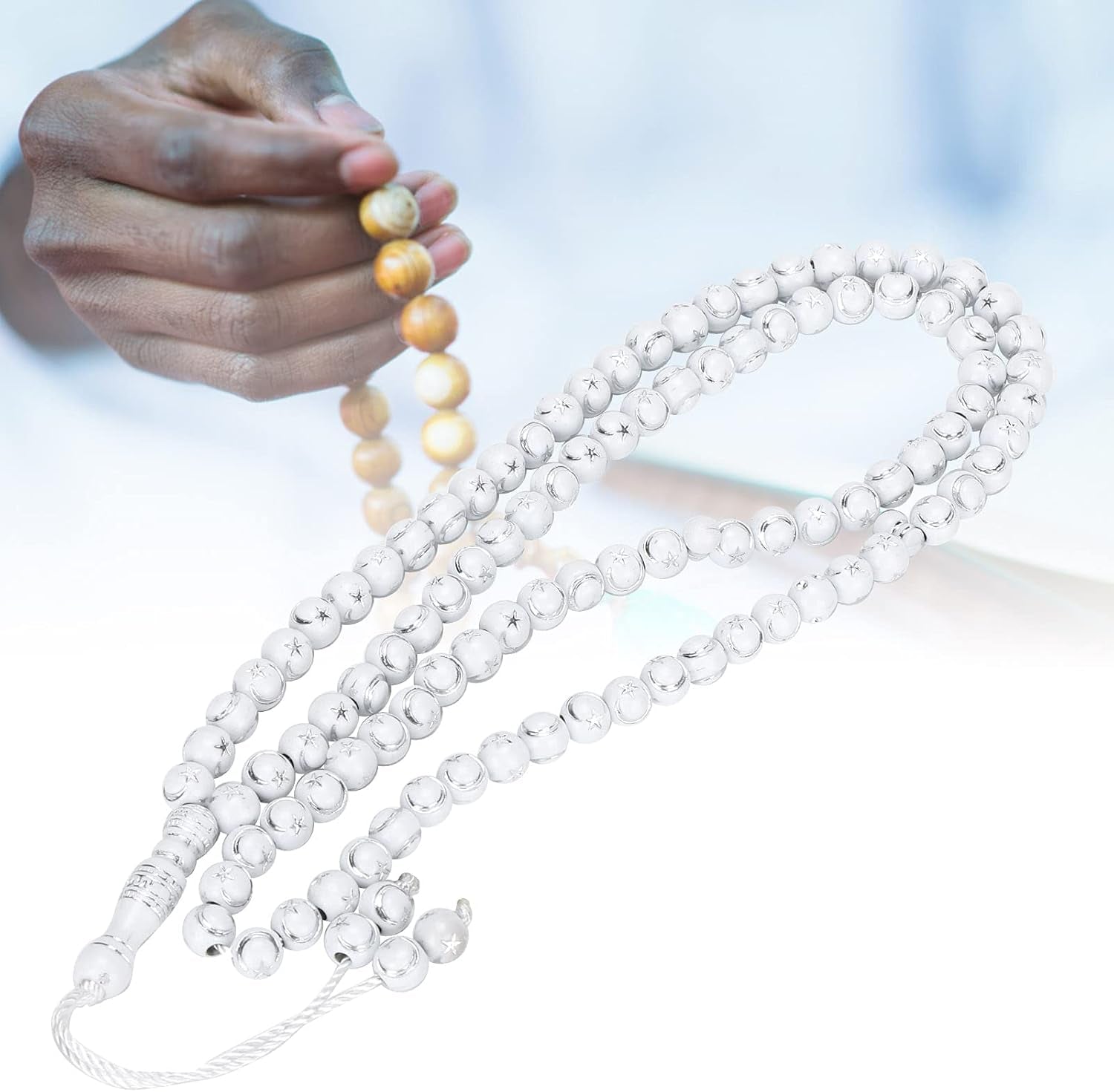 Islamic Prayer Beads, Muslim Rosary Beads 99 Grains Resin Gilding Religious Article(White)