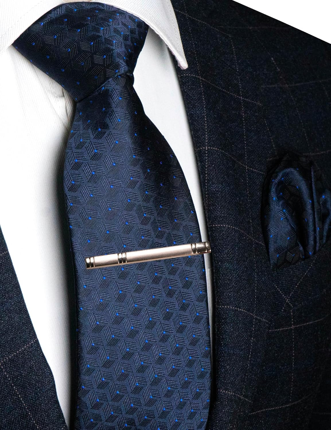 Mens Woven Tie and Pocket Square with Tie Bar Sets Solid Necktie