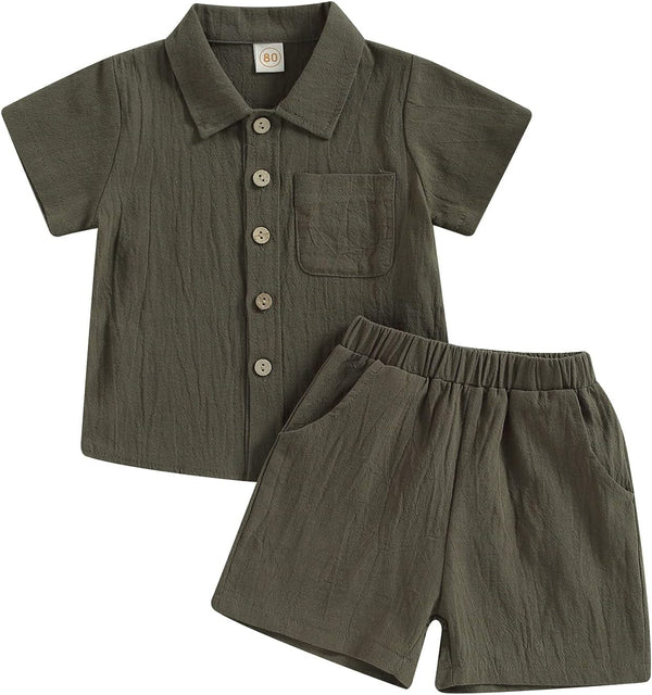 Baby Boy Cotton Linen Shorts Set Solid Color Short Sleeve Button down T-Shirt Tops and Shorts Summer Outfit Clothes