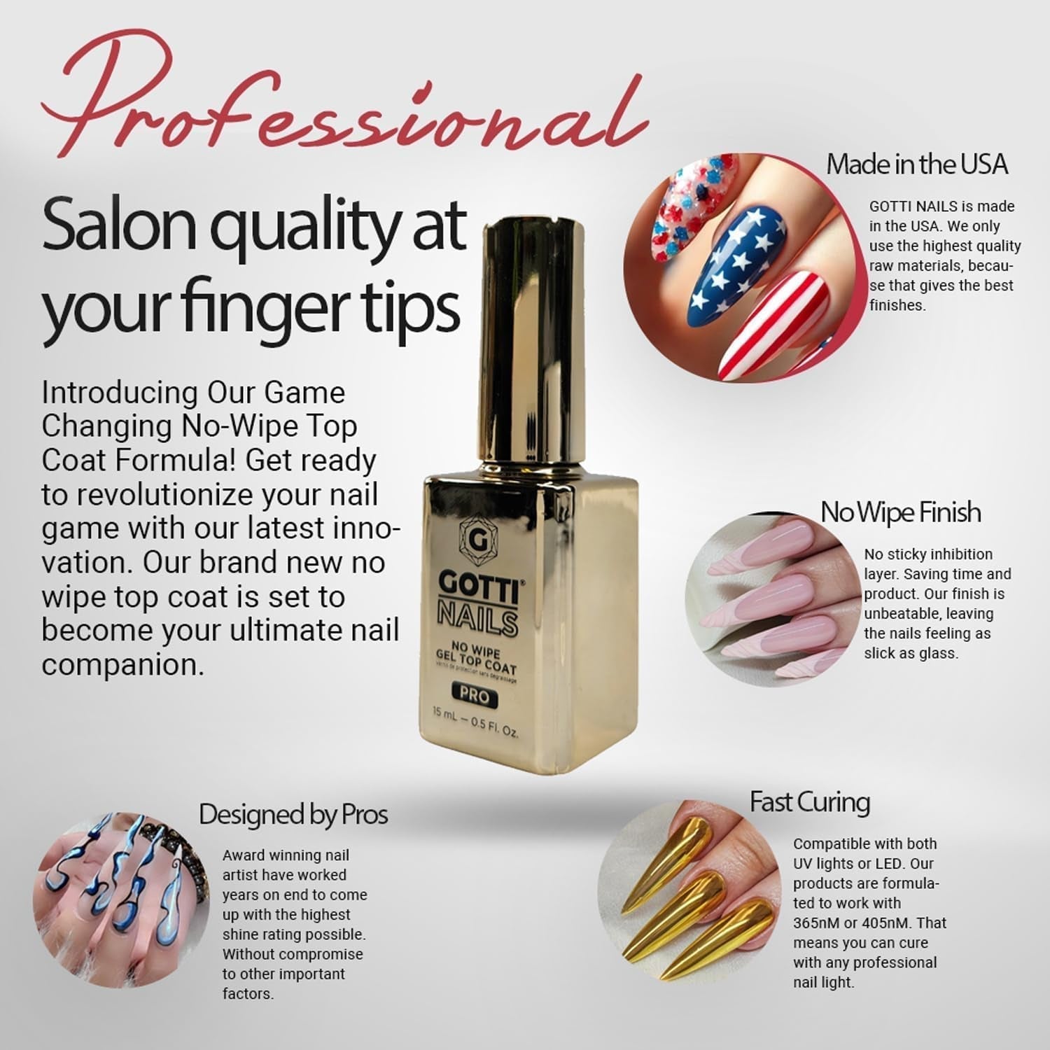 Gel Top Coat - No Wipe, Non Yellowing, Stain Resistant, Shiny and Glossy Top Coat Nail Polish - Clear Nail Polish for UV Gel and LED Gel Applications