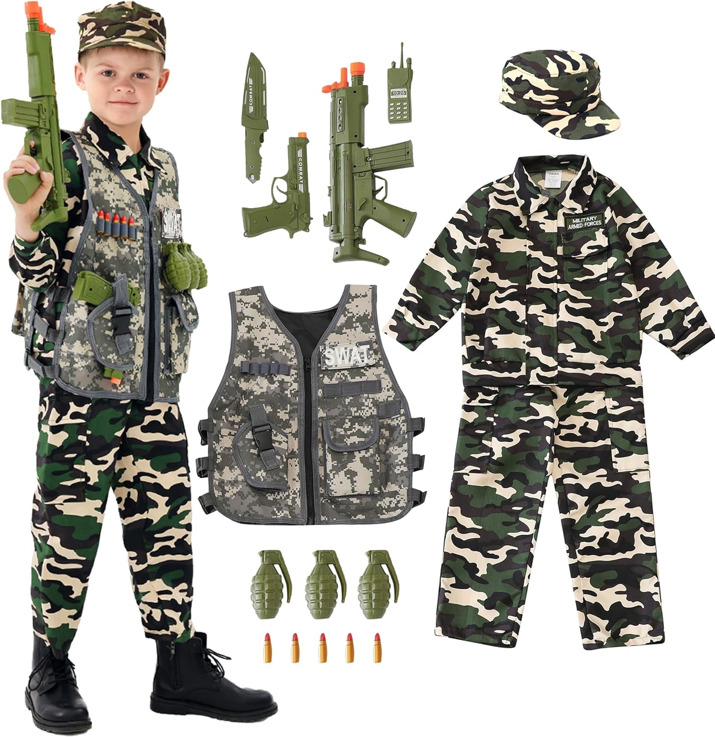 Army Uniform Cosplay Costume Soldier Outfits with Clothes, Tatical Vest and Other Toys Acessories for Kids