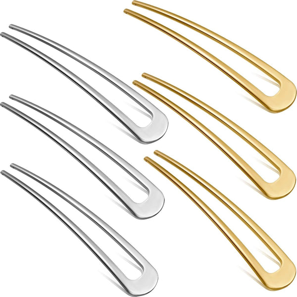 6 Pieces Hair Pins Simple Metal U Shaped French Gold Hair Fork Sticks 2 Prong Updo Chignon Pins for Women Lady Buns Accessories(Gold, Silver)