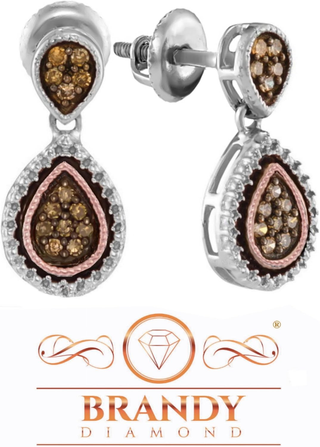 14K Gold Silver Chocolate Brown Diamond Teardrop Beautiful Earrings 1/3 Ctw.