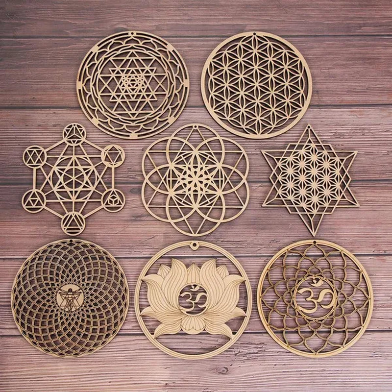 1 PC Making Sacred Geometry Ornament Laser Cut Handmade Coasters Wood Wall Art Home Decor Wooden Wall Sign Flower Of Life Energy Mat Flower of Life Shape Slice Wood Base