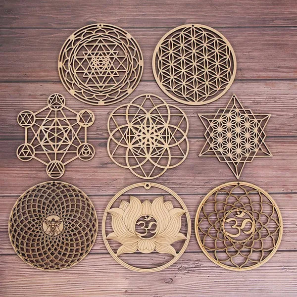 1 PC Making Sacred Geometry Ornament Laser Cut Handmade Coasters Wood Wall Art Home Decor Wooden Wall Sign Flower Of Life Energy Mat Flower of Life Shape Slice Wood Base