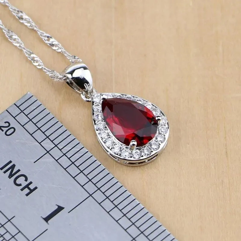 Water Drop 925 Sterling Silver Jewelry Red Ruby White Topaz Jewelry Sets Women Earrings/Pendant/Necklace/Rings/Bracelet