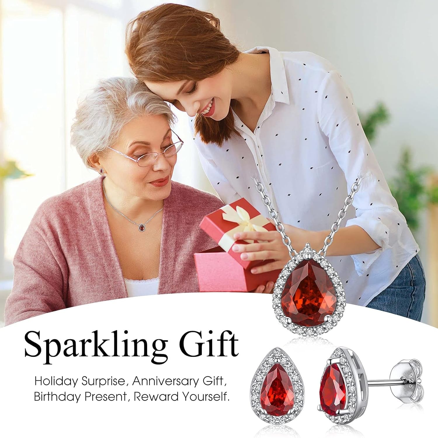 Sparkling 925 Sterling Silver Birthstone Necklaces for Women, Created Heart/Round/Teardrop/Square Crystal Solitaire Pendant Diamond Necklace, Great Birthday/Anniversary/Wedding Gifts