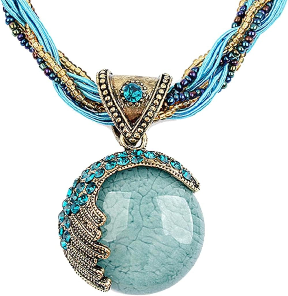 Women Lady Handmade Retro Vintage Bohemian Style Twist Woven Rope Chain Turquoise Rhinestone Pendant Collar Necklace Fashion Jewelry