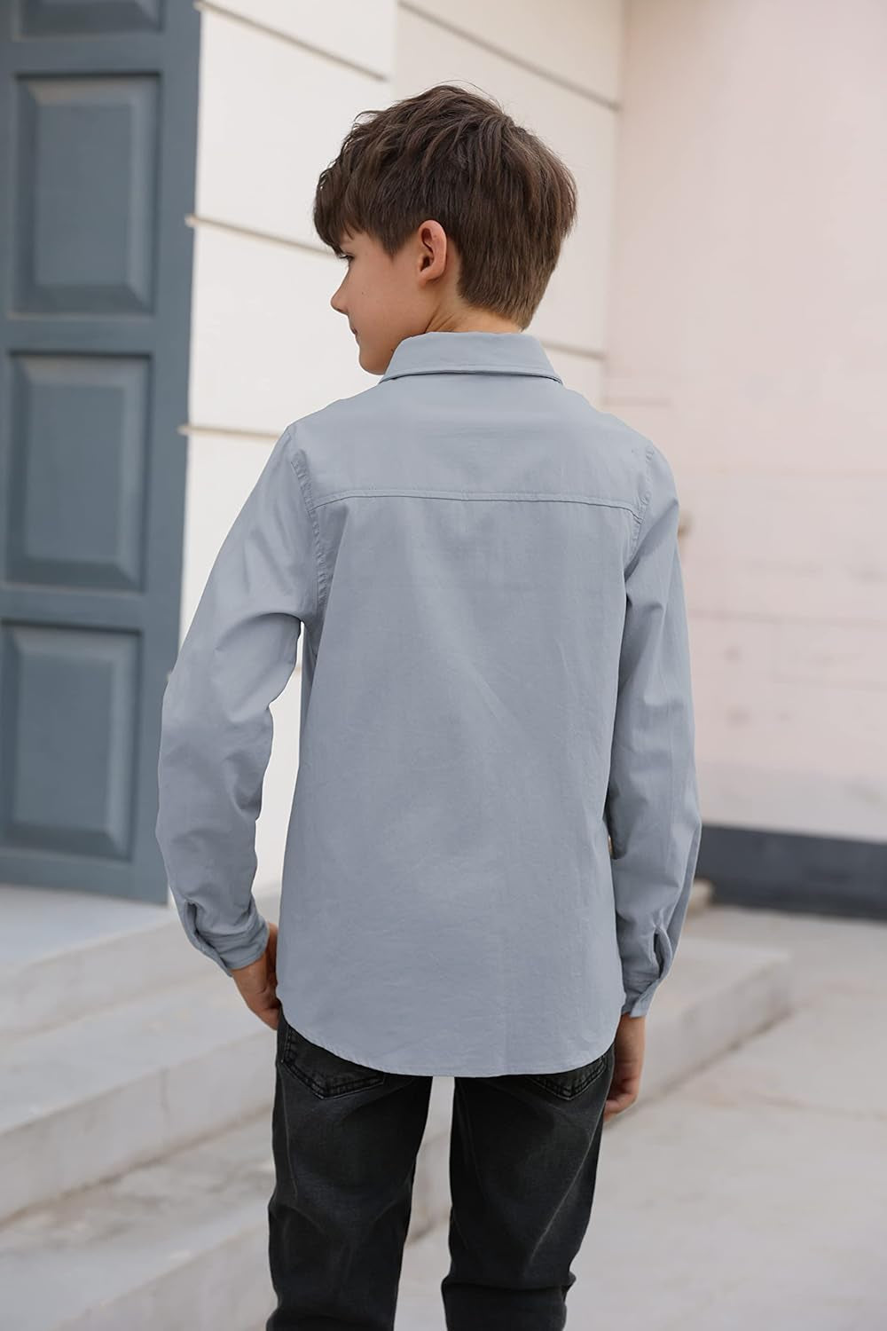Boys' Long Sleeve Dress Shirts Classic Collared Button-Down Tshirt Solid Cotton Top with Chest Pocket