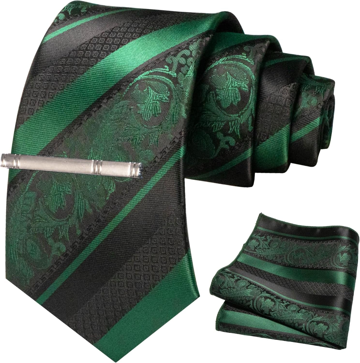 Mens Floral Necktie and Pocket Square Tie Clip Sets for Men