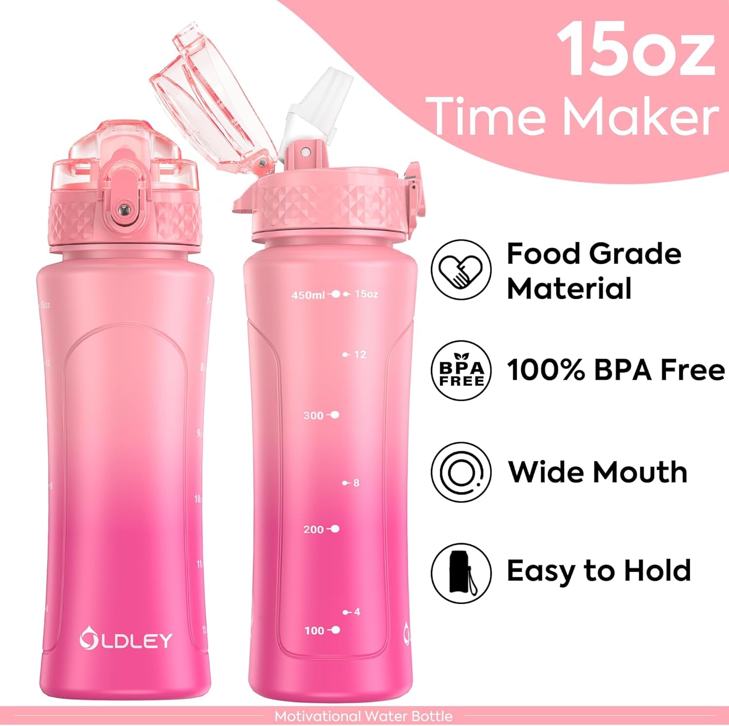 Kids Water Bottle for School with Straw Chug Lid, 15 Oz Unbreakable Leak-Proof Bpa-Free Motivational Water Bottles with Time Marker for Travel Sports Gym, Pink Purple