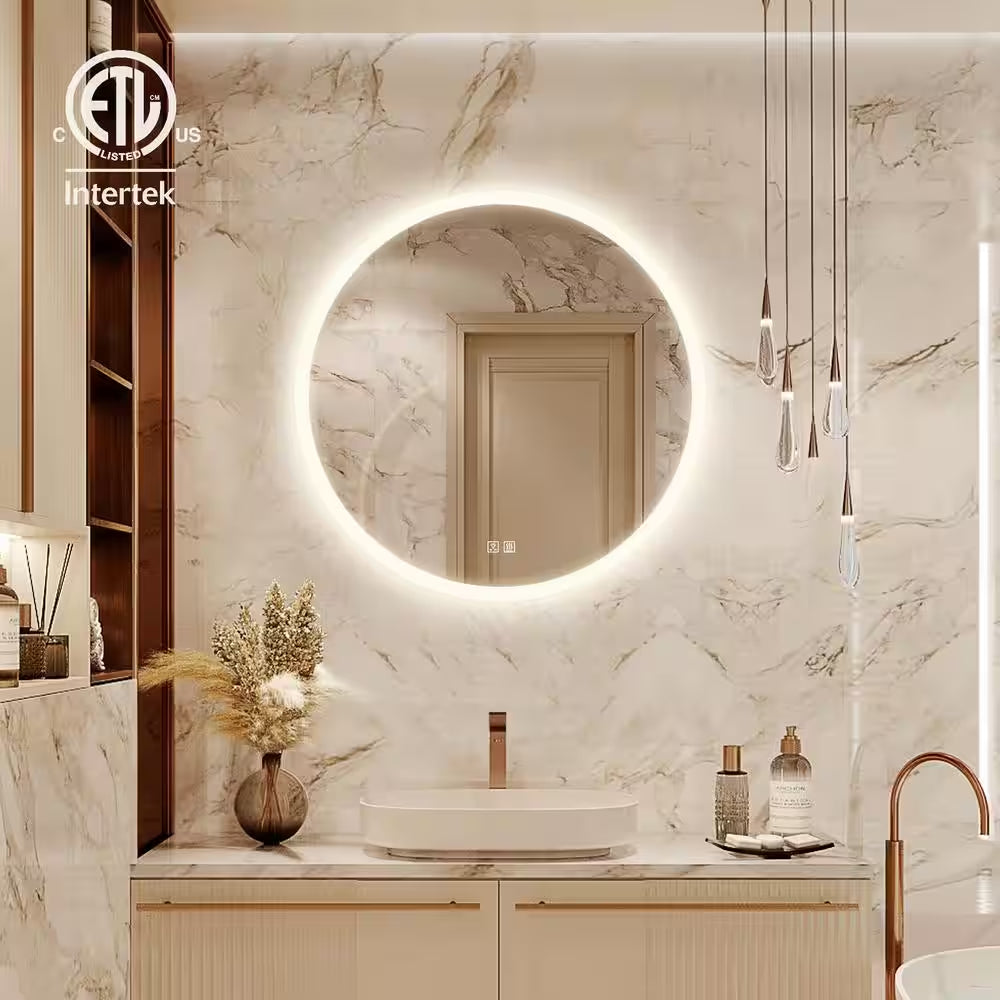32 In. W X 32 In. H round Frameless LED Light with 3-Color and Anti-Fog Wall Mounted Bathroom Vanity Mirror