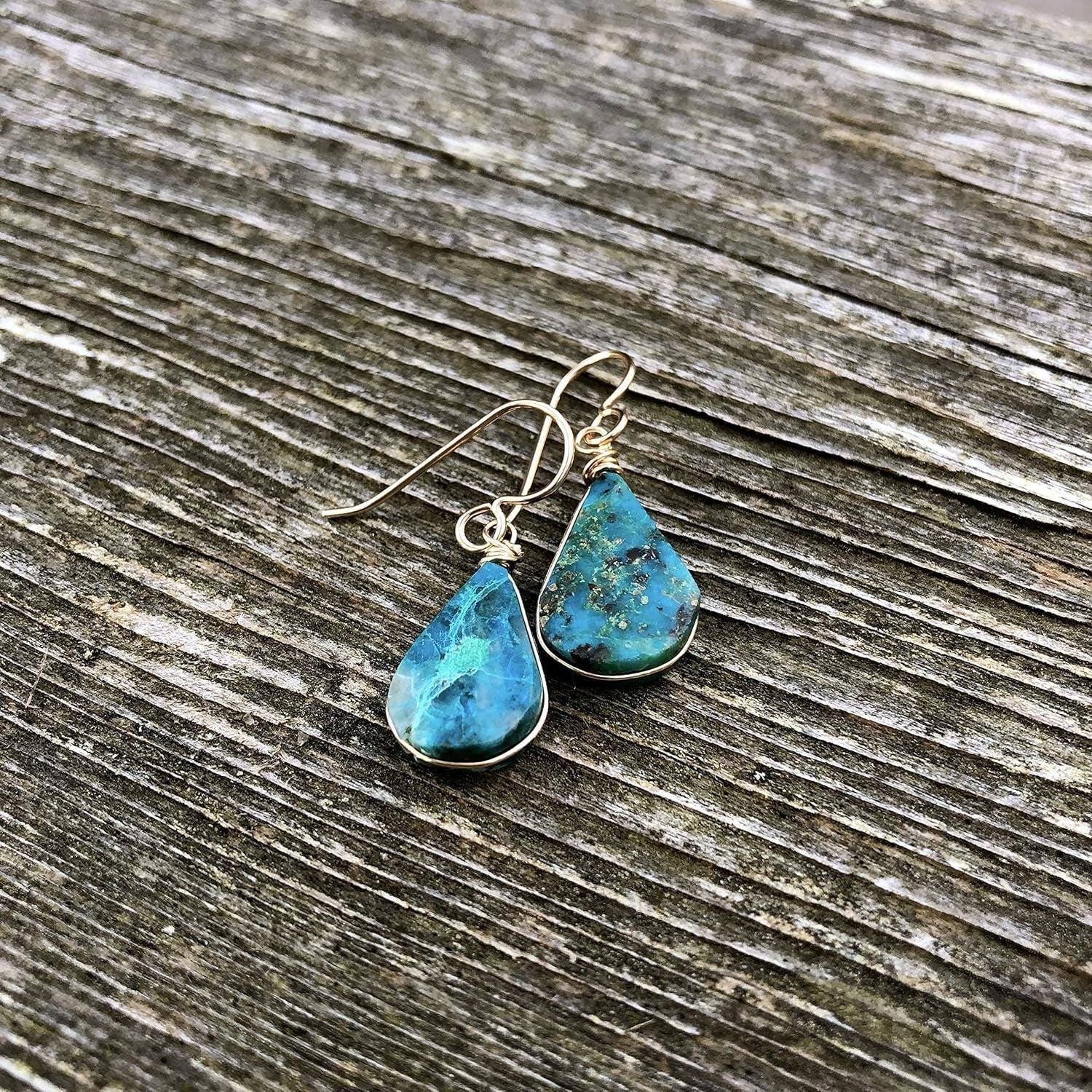 Chrysocolla Earrings Gold Filled Wire Wrap Dangle Blue Green Teardrop Stones - Handmade Healing Crystal Gemstone Jewelry Gift for Women by