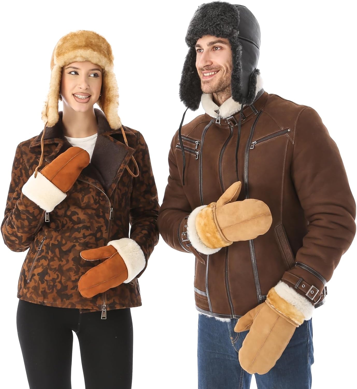 Leather Aviator Shearling Ushanka Trapper Hat Russian Sheepskin Cap Real Fur Winter Hat with Ear Flaps for Men Women
