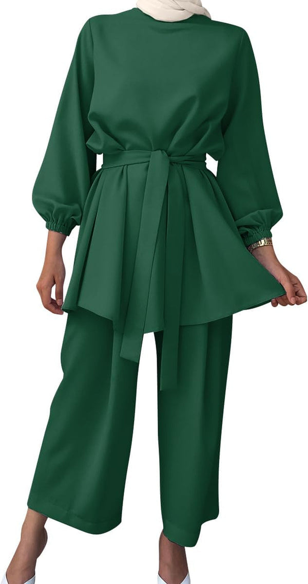 Abayas for Women Muslim Long Sleeve Loose Top Pants 2 Pcs Eid Ramadan Outfits Casual Islamic Muslim Clothes with Belt