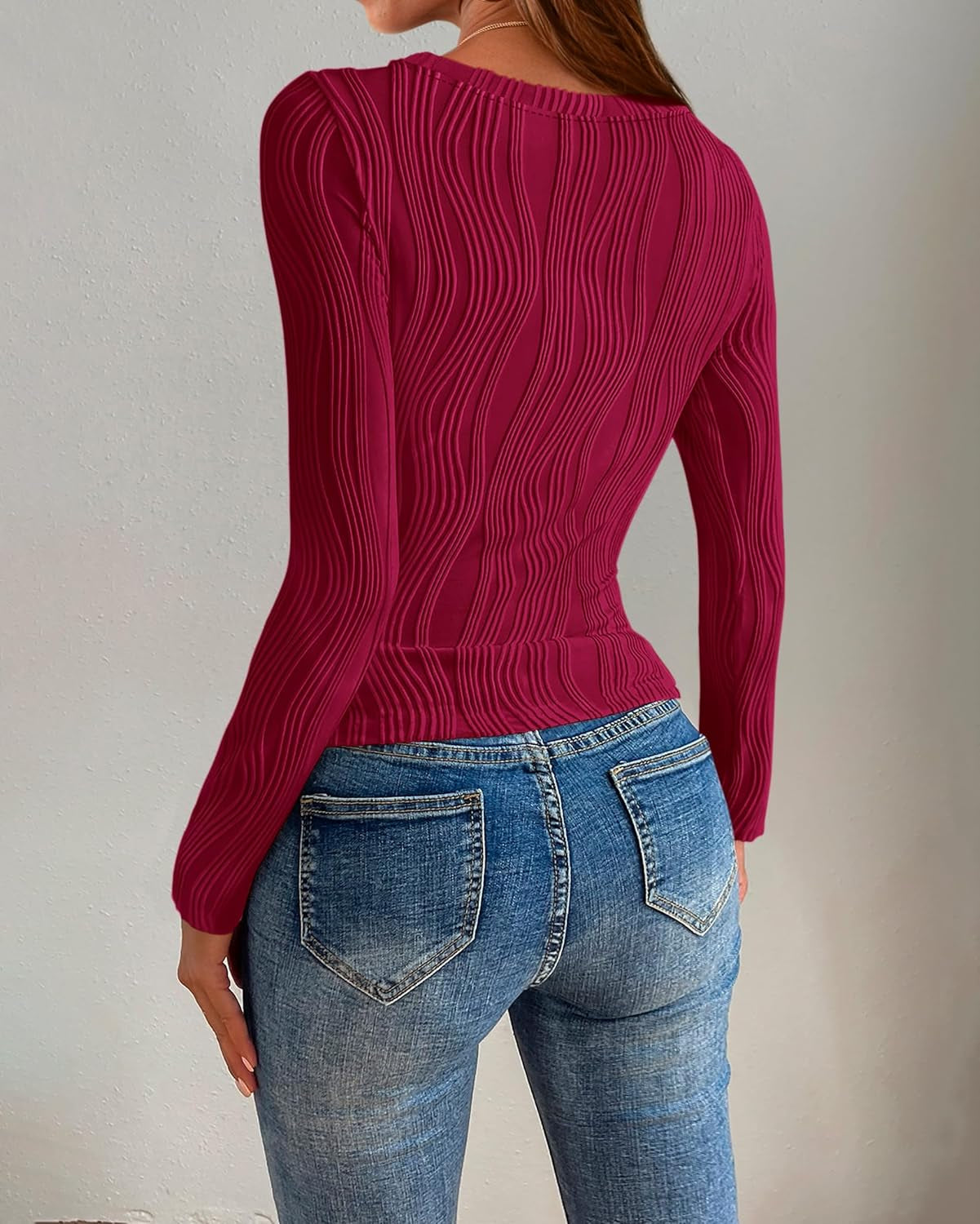 Women'S Tops 2025 Spring Fashion Long Sleeve Crewneck Blouses Slim Fit Shirts Textured Knit Basic T Shirts