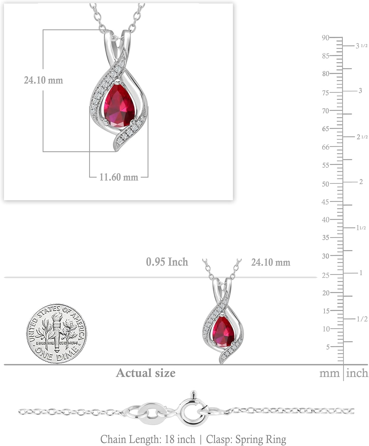 9X6Mm Pear Lab Created Gemstone & round White Diamond Swirl Teardrop Pendant with 18 Inch Chain for Women in Solid Gold