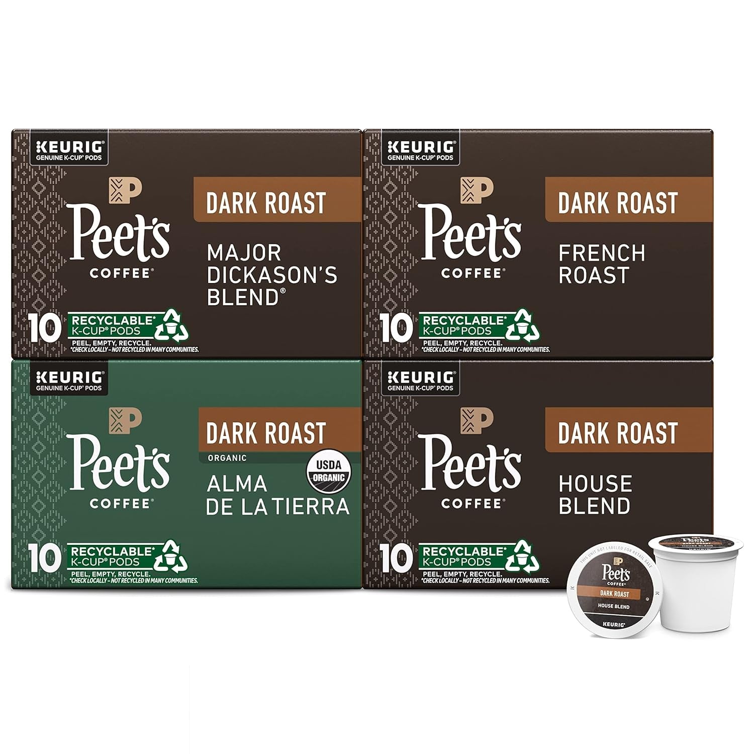, Keurig K-Cup Pods Dark Roast Variety Pack - Major Dickason'S Blend, French Roast, Organic Alma De La Tierra, House Blend, 40 Count (4 Boxes of 10 K-Cup Pods)