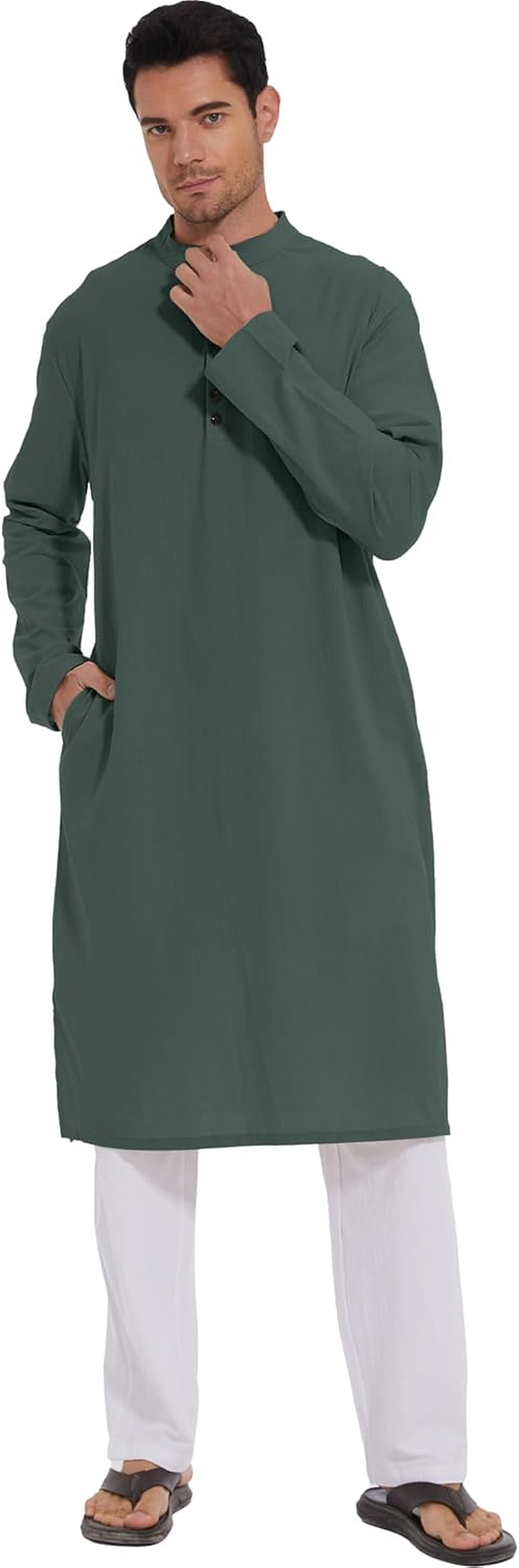 Men'S Long Sleeve Muslim Thobe Robe Button up Kaftan with Side Split and Pockets